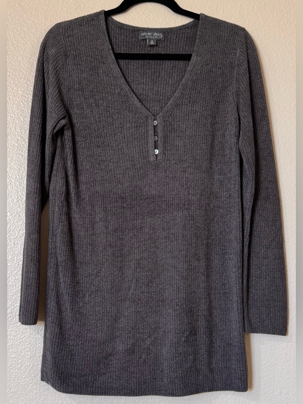 Barefoot Dreams CozyChic Ultra Lite Ribbed Tunic Henley Top Charcoal M